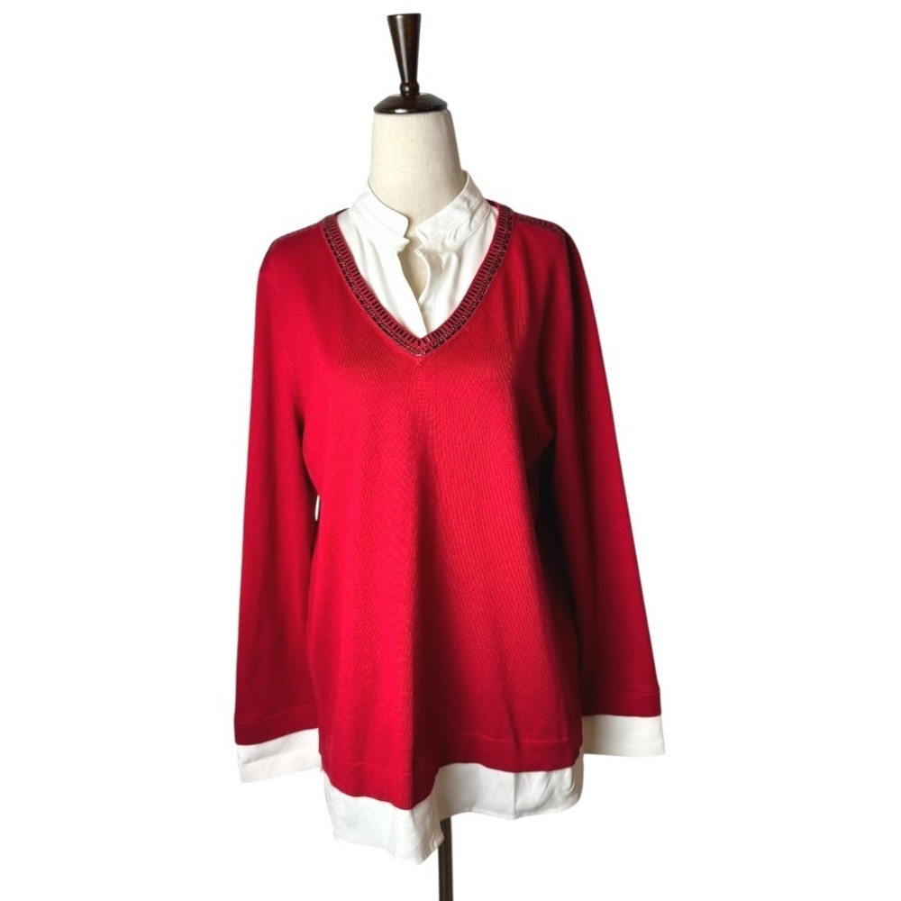 Karl Lagerfeld Sweater Women Small Red Knit Layered Beaded Neckline Preppy Party